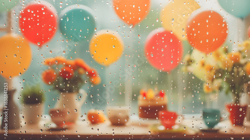 Rain on Window Colorful birthday balloons with water droplets on a rain-streaked window, vibrant decorations, festive atmosphere,.