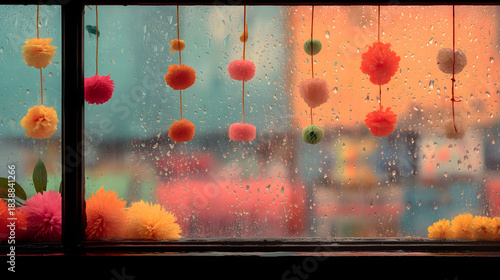 Rain on Window Colorful tissue paper pom-poms hanging on a rain-soaked window with raindrops and blurred cityscape background at sunset.