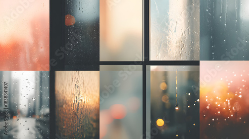 Rain on Window Close-up of various rain-streaked and wet glass windows with blurred cityscape lights in the background during sunset or sunrise.