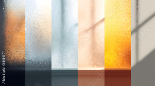 Rain on Window Colorful Rain-Streaked Windows with Water Droplets in Natural Light Creating Soft Diffused Effects.