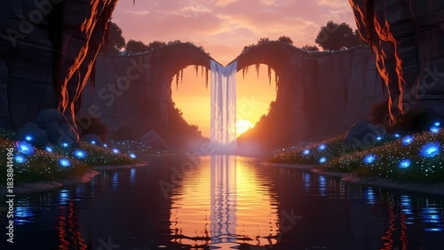 Enchanting waterfall cascading through a heart-shaped rock formation at sunset, reflecting in a tranquil pool with glowing flora