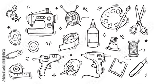 Seamless Pattern of Sewing Tools and Accessories in Doodle Style Design