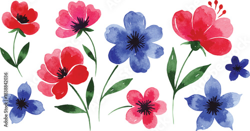 Beautiful hand-painted watercolor floral illustration featuring a charming collection of vibrant pink, serene blue, and cheerful yellow blossoms with lush green leaves, evoking the fresh beauty of spr