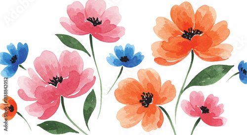 Vibrant watercolor floral pattern showcasing a delightful array of colorful blossoms in shades of pink, orange, and blue, perfect for spring designs and decorative backgrounds.
