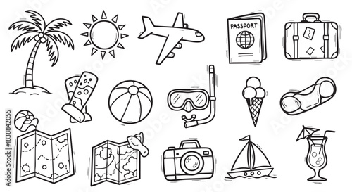 Summer Vacation Travel Doodles Set Black and White Line Art