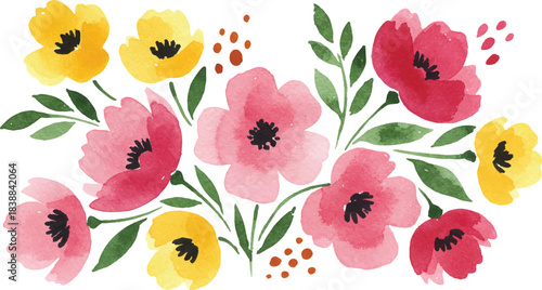 Exquisite watercolor floral arrangement featuring an artistic blend of vivid pink and sunny yellow blossoms intertwined with lush green foliage, ideal for elegant designs, invitations, and decorative 