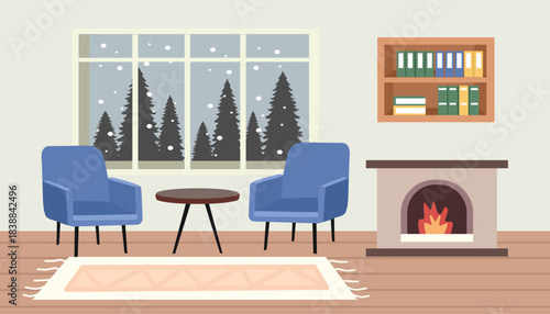 Cozy Winter Living Room Scene with Fireplace and Snowy Window View. Winter windows. Snowy day at apartment.