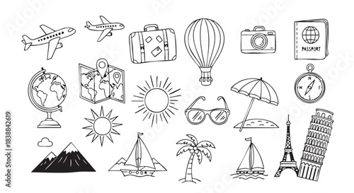 Travel themed doodle elements for vacation and trip planning illustration
