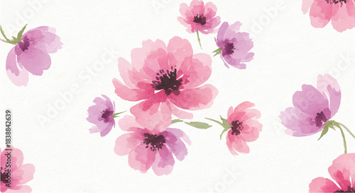 Seamless watercolor floral pattern featuring delicate pink and purple blossoms on a pristine white background, ideal for elegant textile designs, invitations, and captivating decorative projects.