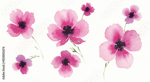 Soft watercolor floral illustration featuring pastel pink, peach, and lavender blossoms. This delicate artistic botanical design evokes serene spring beauty, ideal for elegant creative projects and ge