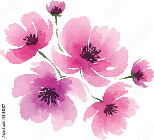 Artistic watercolor floral illustration showcasing delicate blossoms in soft pink, purple, and orange hues. This serene artwork embodies natural beauty and gentle elegance, ideal for spring themes and