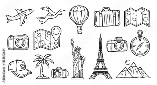 Travel Planning Elements Black and White Doodle Collection Graphic Design