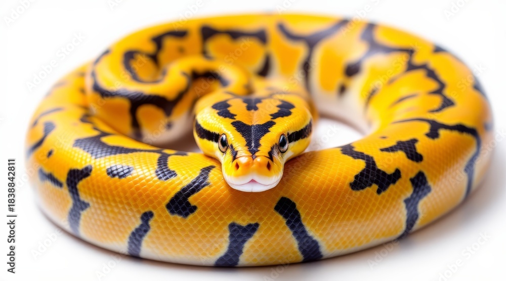 Obraz premium Snake with vibrant yellow and black patterns coiled on a white background