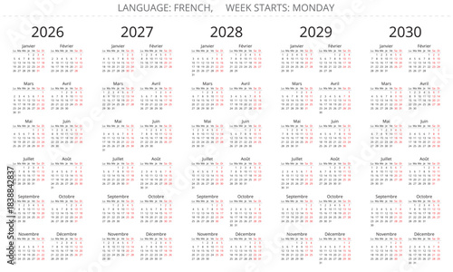 2026, 2027, 2028, 2029, 2030 french simple clear calendar isolated on white. Vector illustration France