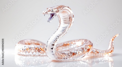 Snake Sculpture with Intricate Faceted Glass Texture and Open Mouth on White Background