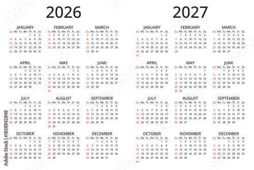 2026 and 2027 simple calendars. English vector year (week starts sunday)