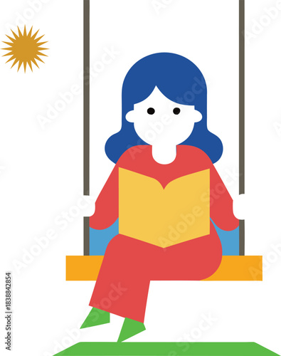 Young girl reading a book on a swing outdoors