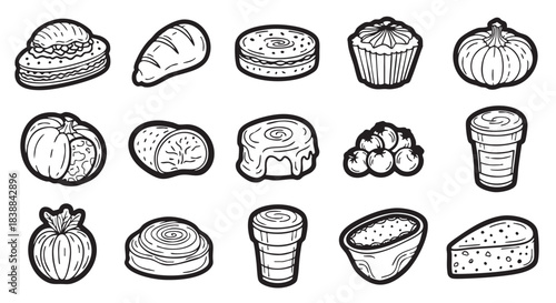 Variety of food items drawn in bold outline style arrangement