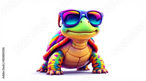 Turtle wearing colorful sunglasses and a vibrant rainbow patterned shell on white background
