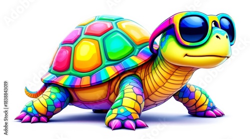 Turtle wearing colorful sunglasses and a rainbow shell on white background