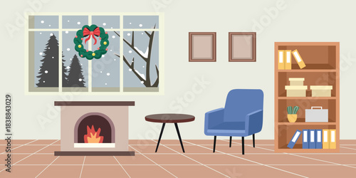 Cozy Winter Room with Fireplace and Snowy Window View. House interior furniture. Bookshelf. Apartment in winter season