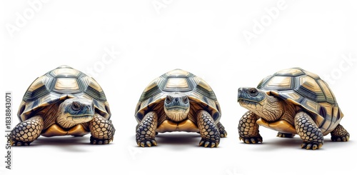 Three detailed tortoises with textured shells and scaly legs isolated on white background