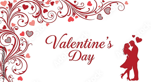 Romantic valentines day illustration with swirling floral design and couple in silhouette