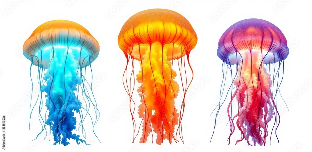 Fototapeta premium Jellyfish with vibrant blue, orange, and purple bioluminescence isolated on white background