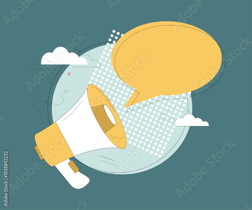 Megaphone and bubblespitch announcement. Event announcement. Big statement. Call to action. Flat vector illustration.eps