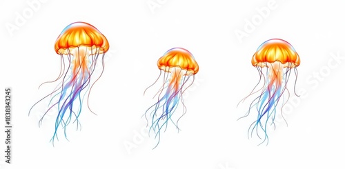 Jellyfish with glowing orange bells and flowing blue and purple tentacles isolated on white background