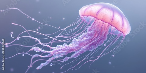 Jellyfish with delicate pink tentacles and translucent bell floating in deep blue water with small bubbles.