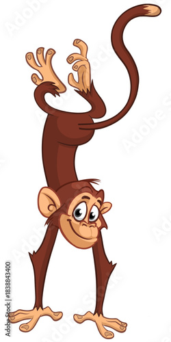 Cartoon funny monkey chimpanzee standing upside down. Vector illustration isolated on white