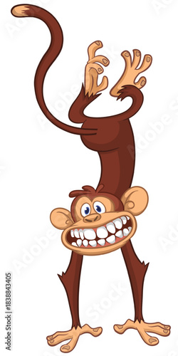 Cartoon funny monkey chimpanzee standing upside down. Vector illustration isolated on white
