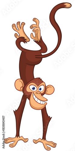 Cartoon funny monkey chimpanzee standing upside down. Vector illustration isolated on white