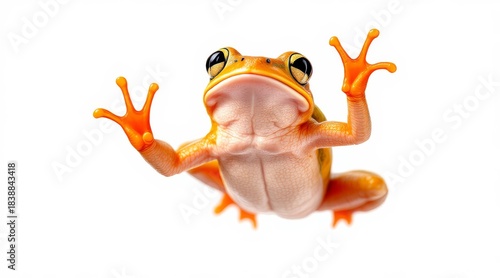orange frog with large black eyes and webbed feet reaching upwards isolated on white background