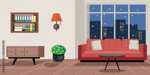 Cozy Living Room with City Night View. Winter time at apartment. Bookshelf in the room. House interior furniture.