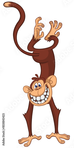 Cartoon funny monkey chimpanzee standing upside down. Vector illustration isolated on white