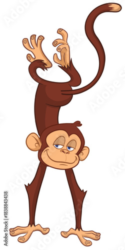 Cartoon funny monkey chimpanzee standing upside down. Vector illustration isolated on white