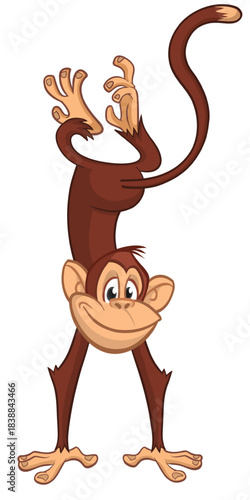 Cartoon funny monkey chimpanzee standing upside down. Vector illustration isolated on white