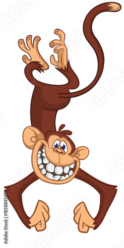 Cartoon funny monkey chimpanzee standing upside down. Vector illustration isolated on white