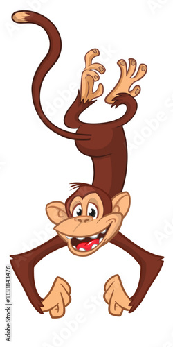 Cartoon funny monkey chimpanzee standing upside down. Vector illustration isolated on white