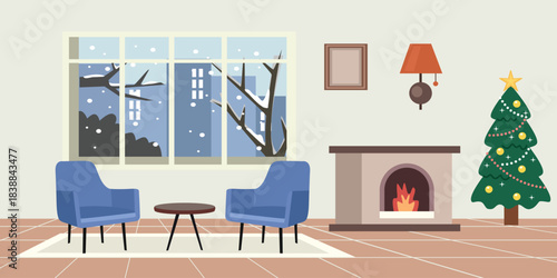 Cozy Winter Living Room with Christmas Tree and Fireplace. Apartment room with city view. House window.