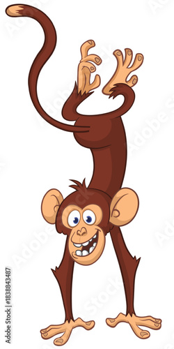 Cartoon funny monkey chimpanzee standing upside down. Vector illustration isolated on white