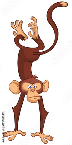 Cartoon funny monkey chimpanzee standing upside down. Vector illustration isolated on white
