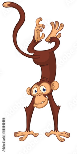 Cartoon funny monkey chimpanzee standing upside down. Vector illustration isolated on white