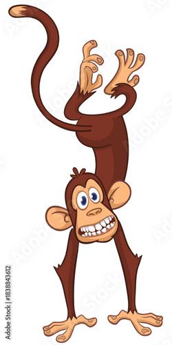 Cartoon funny monkey chimpanzee standing upside down. Vector illustration isolated on white