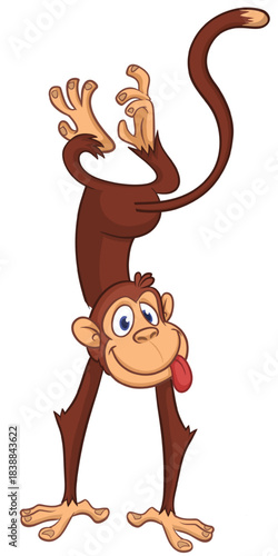 Cartoon funny monkey chimpanzee standing upside down. Vector illustration isolated on white