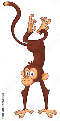Cartoon funny monkey chimpanzee standing upside down. Vector illustration isolated on white