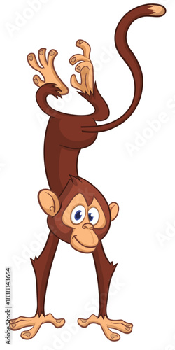 Cartoon funny monkey chimpanzee standing upside down. Vector illustration isolated on white