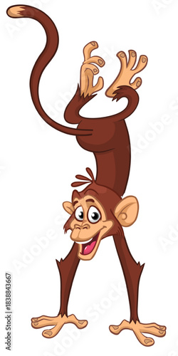 Cartoon funny monkey chimpanzee standing upside down. Vector illustration isolated on white